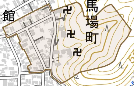 馬場町とその周辺の地図。町の範囲を重ねている