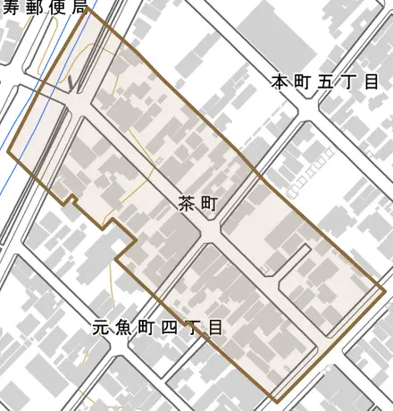 茶町とその周辺の地図。町の範囲を重ねている