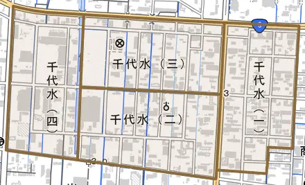 千代水とその周辺の地図。町の範囲を重ねている