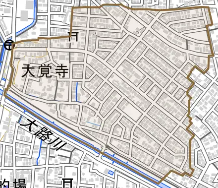 大覚寺とその周辺の地図。町の範囲を重ねている