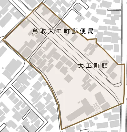 大工町頭とその周辺の地図。町の範囲を重ねている