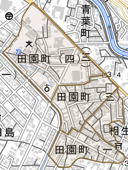 田園町とその周辺の地図。町の範囲を重ねている