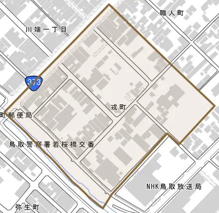 戎町とその周辺の地図。町の範囲を重ねている