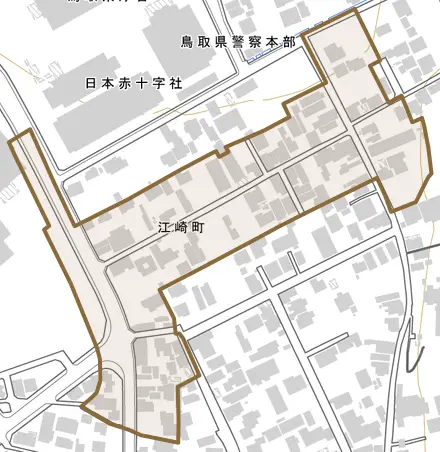 江崎町とその周辺の地図。町の範囲を重ねている