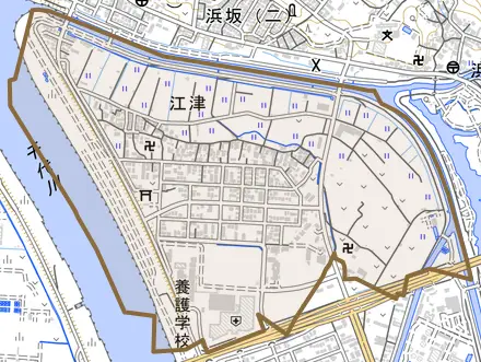 江津とその周辺の地図。町の範囲を重ねている