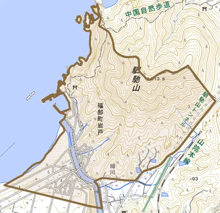福部町岩戸とその周辺の地図。町の範囲を重ねている