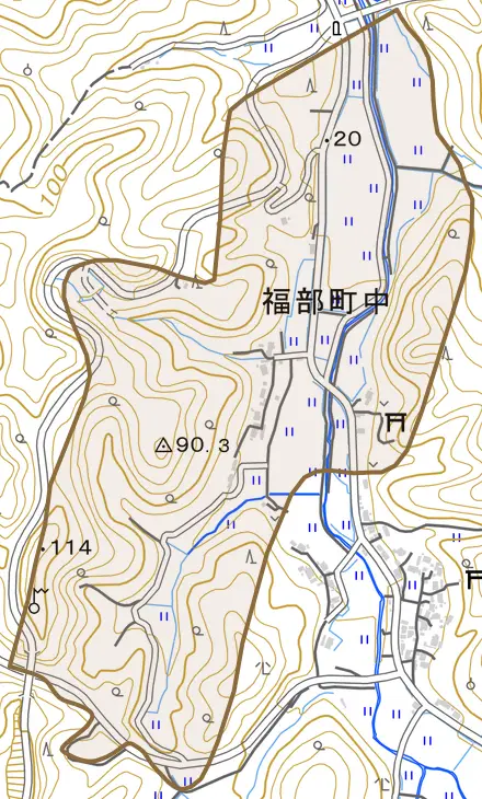 福部町中とその周辺の地図。町の範囲を重ねている