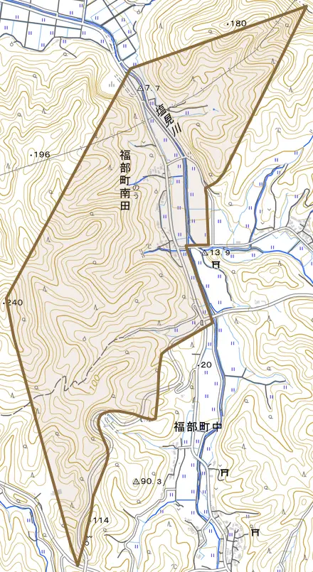 福部町南田とその周辺の地図。町の範囲を重ねている