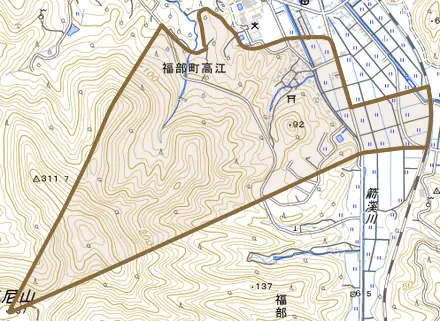 福部町高江とその周辺の地図。町の範囲を重ねている