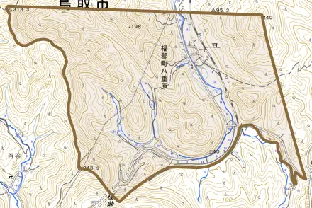 福部町八重原とその周辺の地図。町の範囲を重ねている