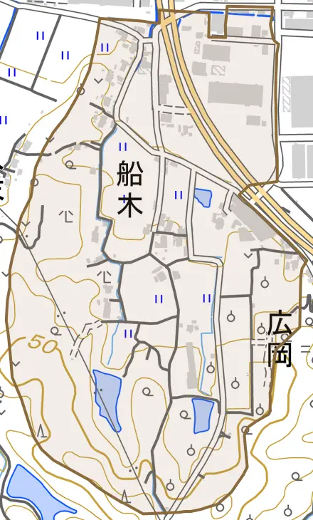 船木とその周辺の地図。町の範囲を重ねている