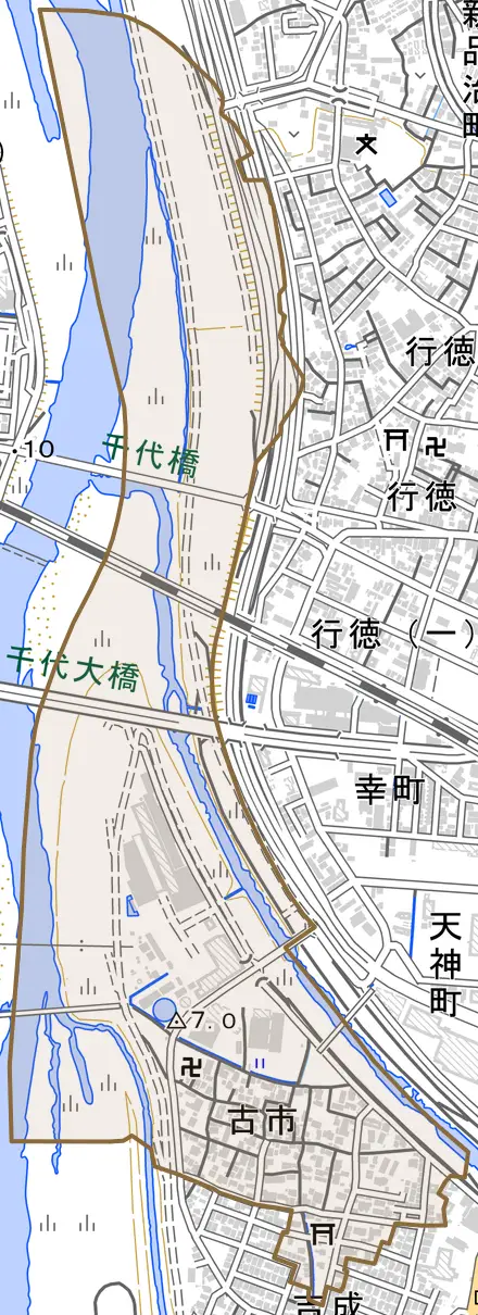 古市とその周辺の地図。町の範囲を重ねている