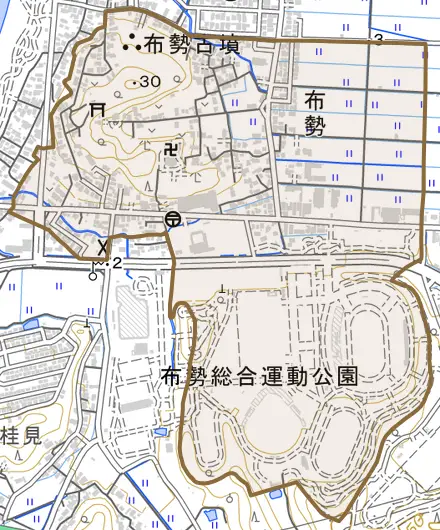 布勢とその周辺の地図。町の範囲を重ねている