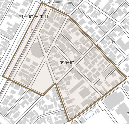 玄好町とその周辺の地図。町の範囲を重ねている