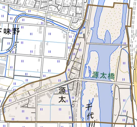 源太とその周辺の地図。町の範囲を重ねている