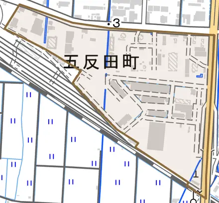 五反田町とその周辺の地図。町の範囲を重ねている