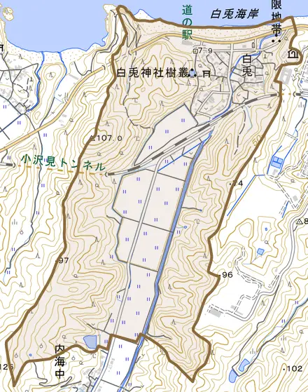 白兎とその周辺の地図。町の範囲を重ねている