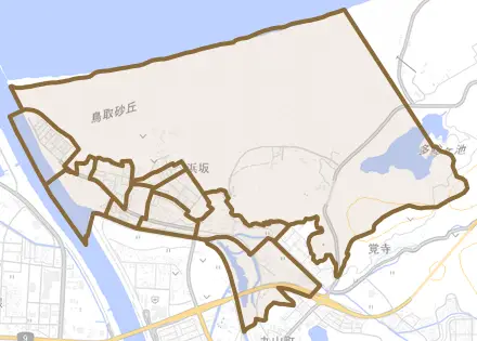 浜坂とその周辺の地図。町の範囲を重ねている