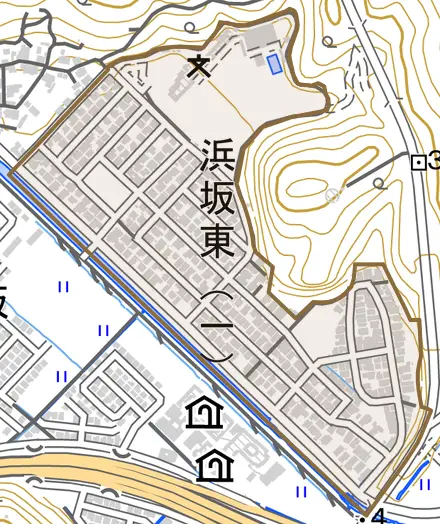 浜坂東とその周辺の地図。町の範囲を重ねている