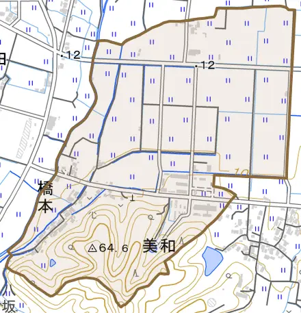 橋本とその周辺の地図。町の範囲を重ねている