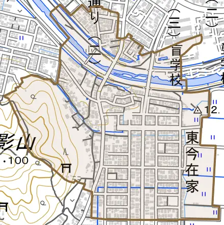 東今在家とその周辺の地図。町の範囲を重ねている