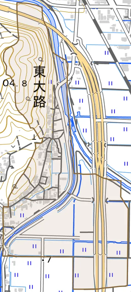 東大路とその周辺の地図。町の範囲を重ねている