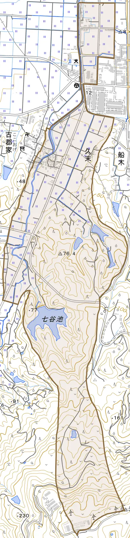 久末とその周辺の地図。町の範囲を重ねている