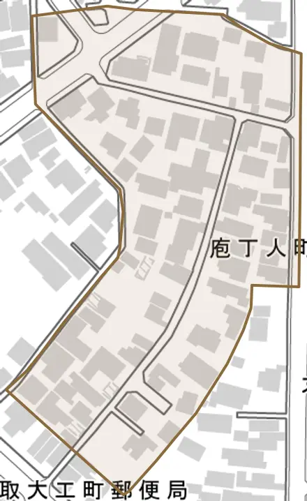 庖丁人町とその周辺の地図。町の範囲を重ねている