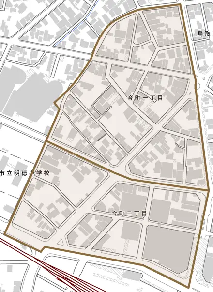今町とその周辺の地図。町の範囲を重ねている