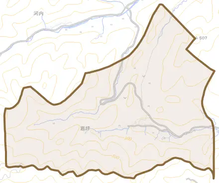 岩坪とその周辺の地図。町の範囲を重ねている