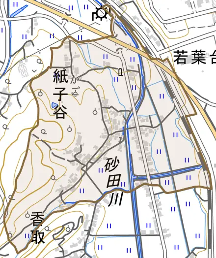 紙子谷とその周辺の地図。町の範囲を重ねている