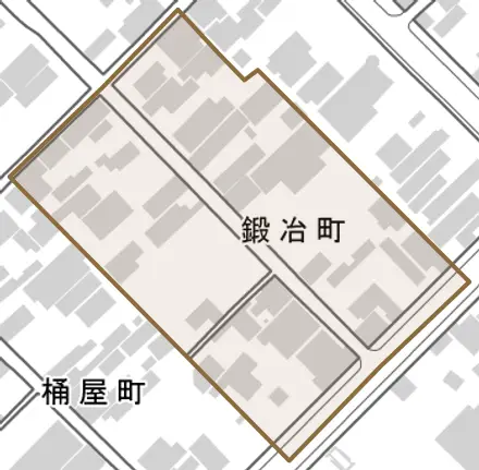 鍛冶町とその周辺の地図。町の範囲を重ねている