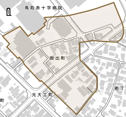 掛出町とその周辺の地図。町の範囲を重ねている