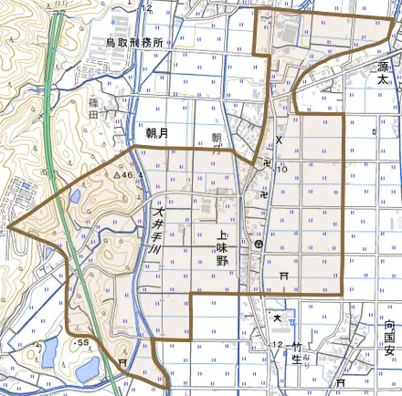 上味野とその周辺の地図。町の範囲を重ねている