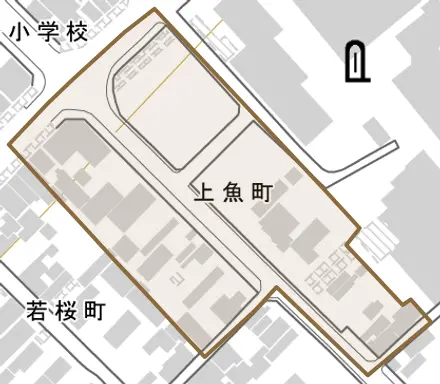 上魚町とその周辺の地図。町の範囲を重ねている