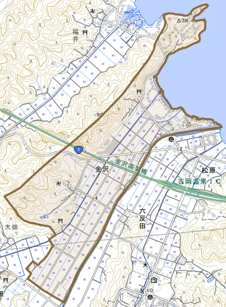 金沢とその周辺の地図。町の範囲を重ねている