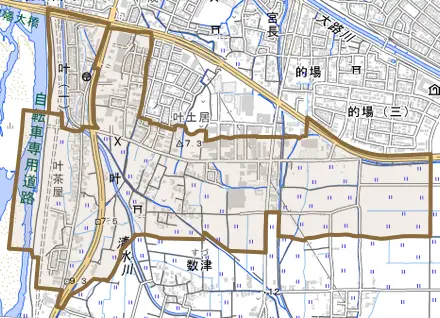 叶とその周辺の地図。町の範囲を重ねている
