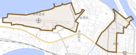 賀露町とその周辺の地図。町の範囲を重ねている