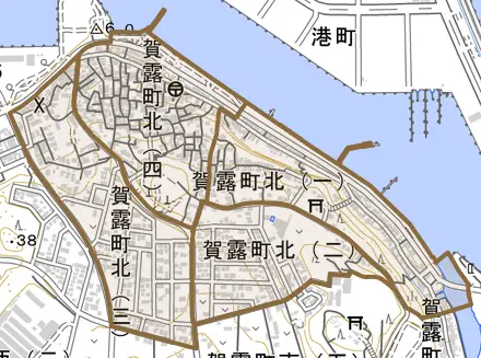 賀露町北とその周辺の地図。町の範囲を重ねている