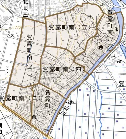 賀露町南とその周辺の地図。町の範囲を重ねている