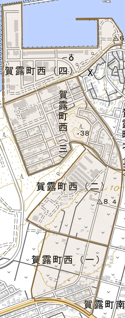 賀露町西とその周辺の地図。町の範囲を重ねている