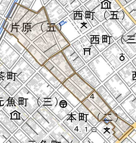片原とその周辺の地図。町の範囲を重ねている