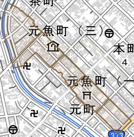 川端とその周辺の地図。町の範囲を重ねている