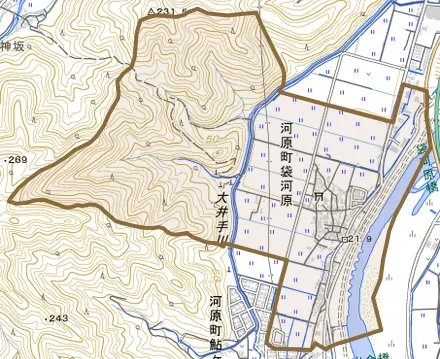 河原町袋河原とその周辺の地図。町の範囲を重ねている