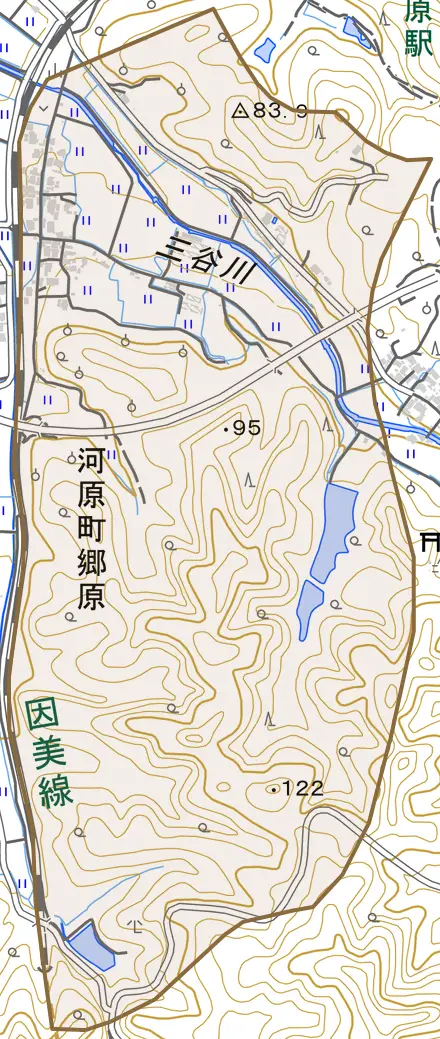 河原町郷原とその周辺の地図。町の範囲を重ねている