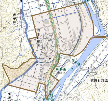 河原町布袋とその周辺の地図。町の範囲を重ねている