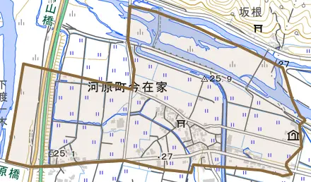 河原町今在家とその周辺の地図。町の範囲を重ねている