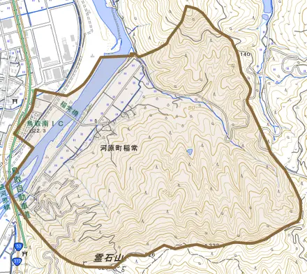 河原町稲常とその周辺の地図。町の範囲を重ねている