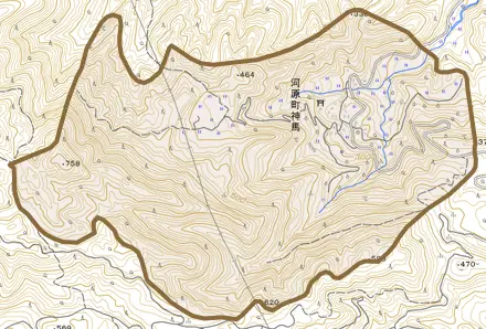 河原町神馬とその周辺の地図。町の範囲を重ねている