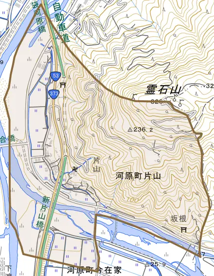 河原町片山とその周辺の地図。町の範囲を重ねている